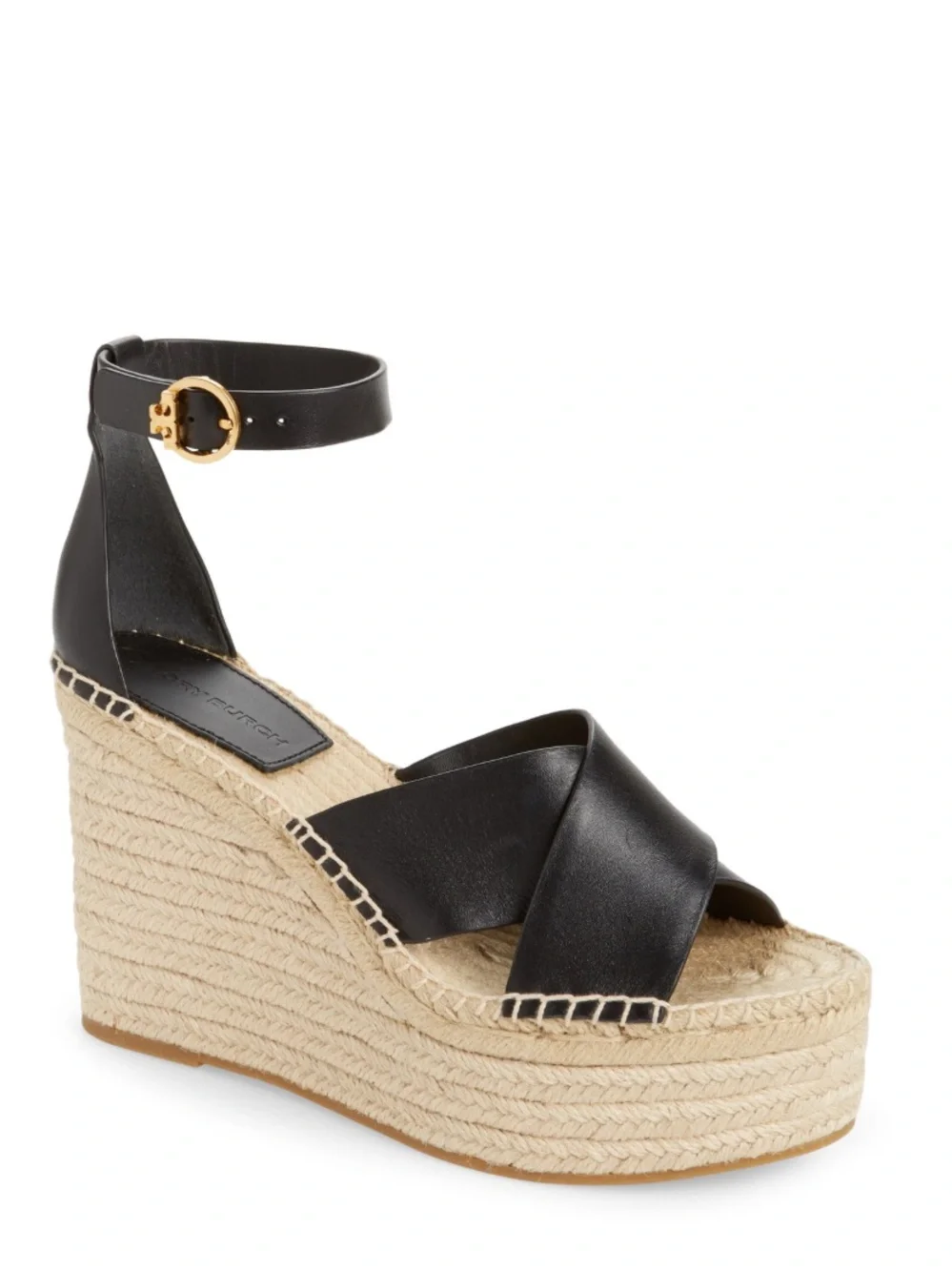 Tory Burch Shelby Black Espadrille Wedge Sandals with Ankle Strap 8.5